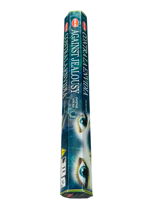 HEM Against Jealousy Incense packaging, designed to ward off negative vibes and enhance serenity with natural ingredients.