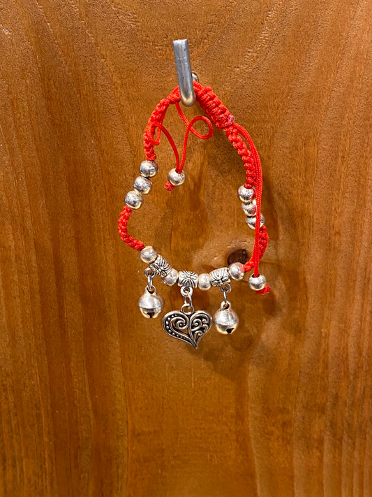 Handmade Red String Braided Pull Tie Bracelet Silver Beads With Silver Bells and Heart Charm