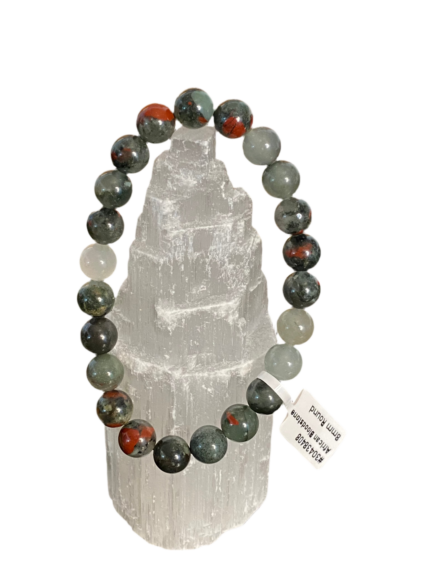 African Bloodstone Beaded String Bracelet on display.