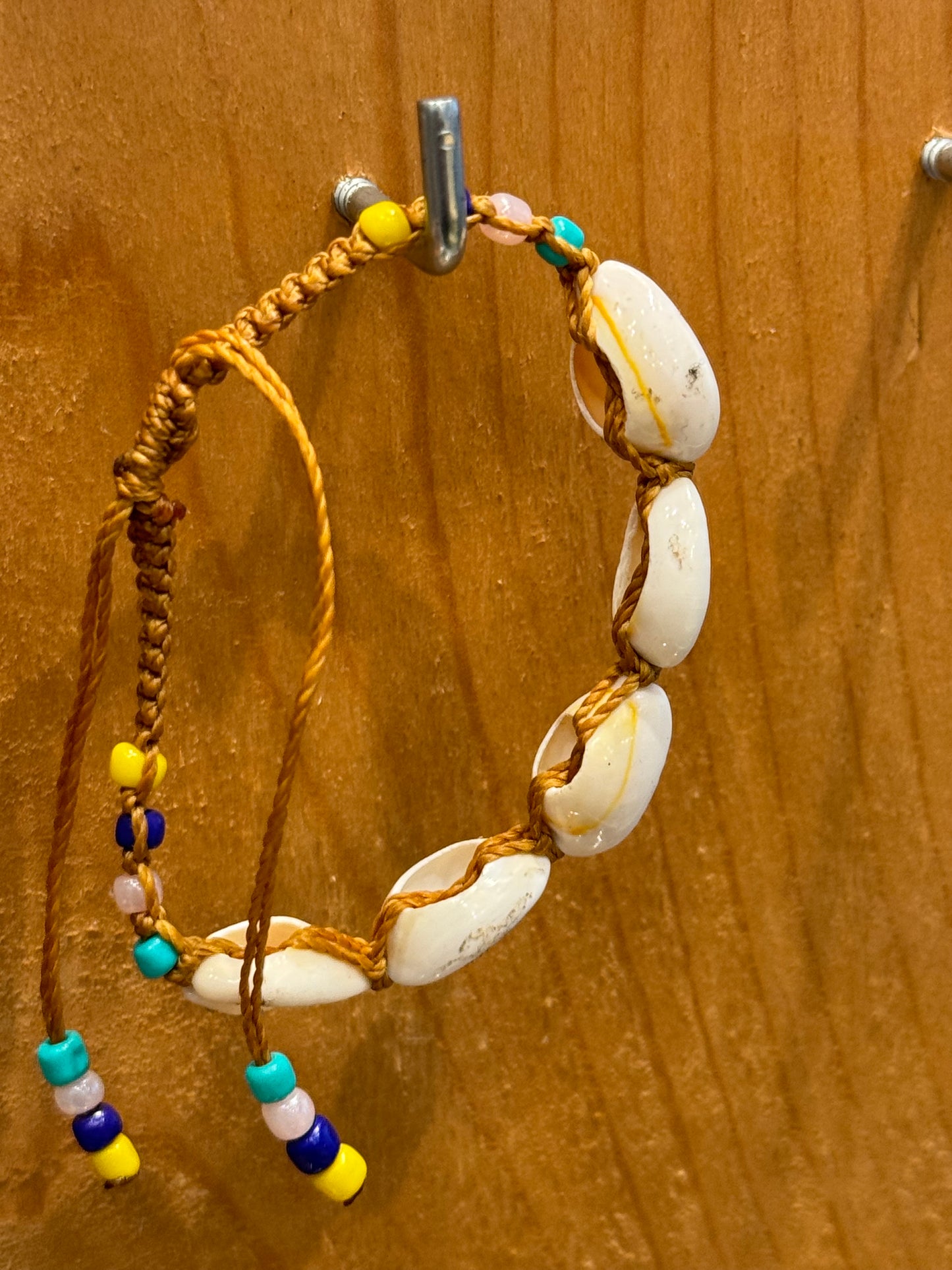 Handmade Tan String Bracelet With Cowrie Shells and Colorful Beads