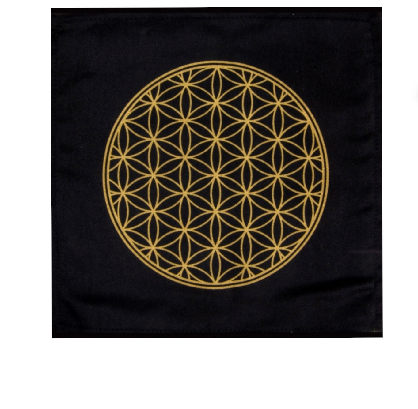 Flower of Life Altar Tapestry with golden pattern on black cotton fabric.