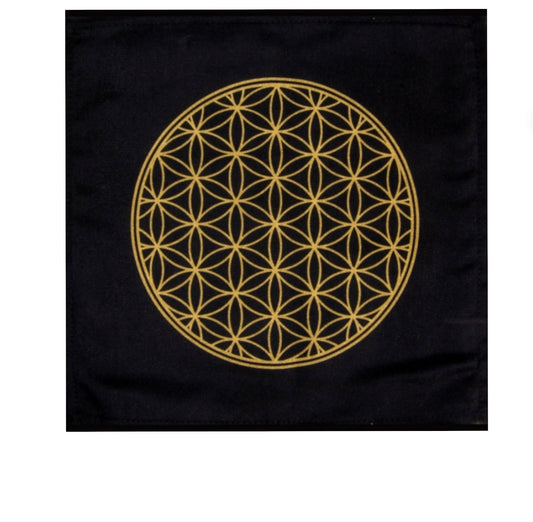 Flower of Life Altar Tapestry with golden pattern on black cotton fabric.