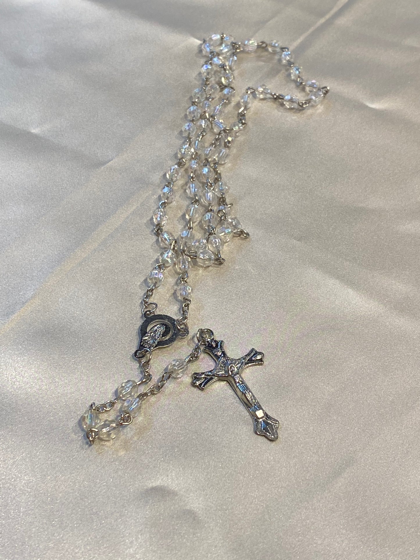 Mi Primero Communion Clear Glass Beaded Rosary Jesus Christ On Cross Silver Amulet