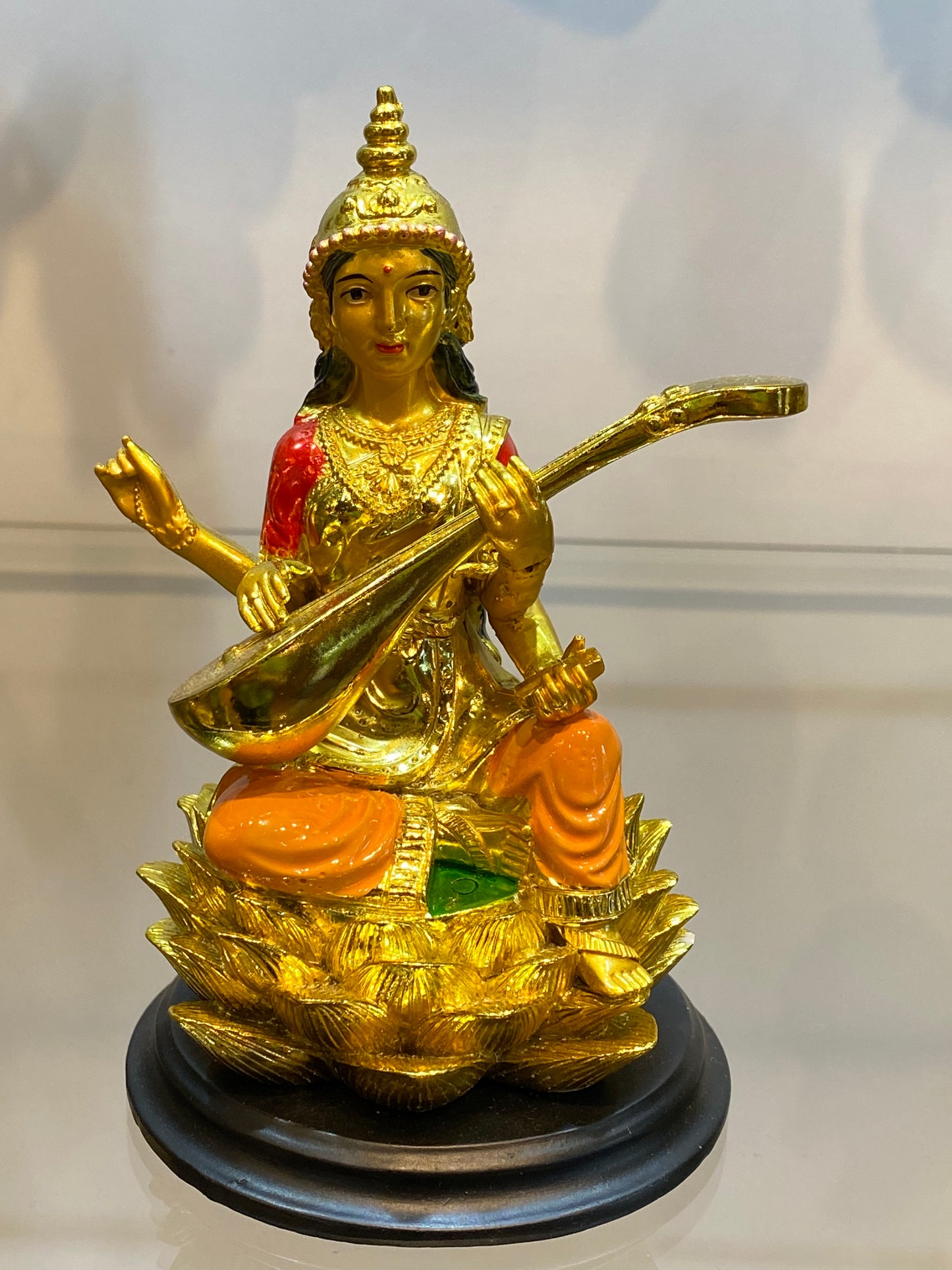 Feng Shui Gold Colored Saraswati on Lotus Small 3”Statue Hindu Goddess of Knowledge Deity Icon