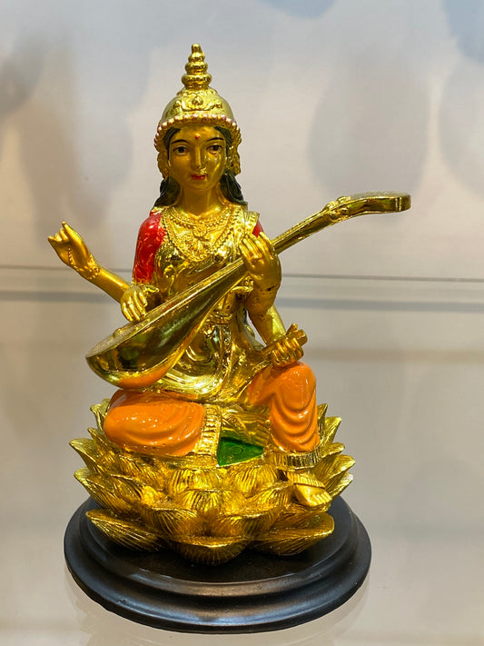 Feng Shui Gold Colored Saraswati on Lotus Small 3”Statue Hindu Goddess of Knowledge Deity Icon