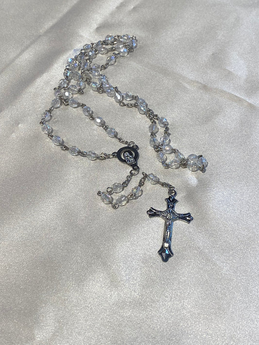 Mi Primero Communion Clear Glass Beaded Rosary Jesus Christ On Cross Silver Amulet