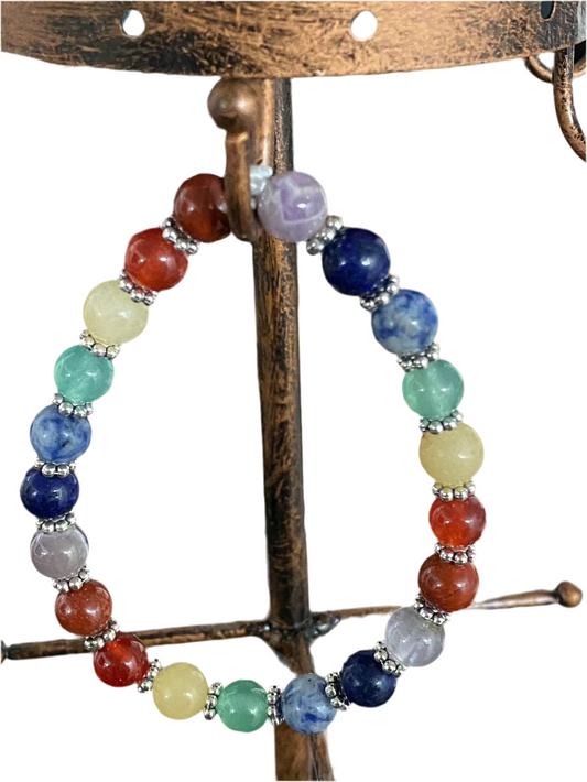 Multicolored Seven Chakra Gemstone Bracelet with natural stones for chakra alignment.