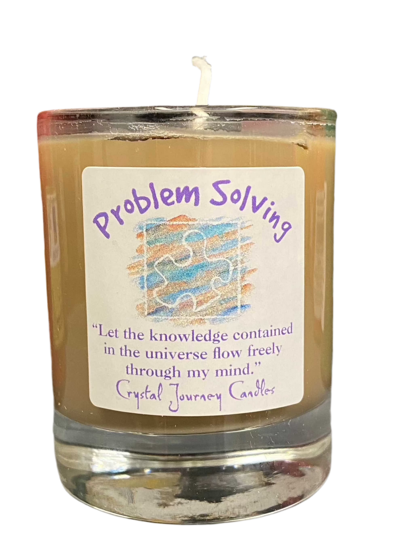 Problem Solving Crystal Journey Filled Glass Votives candle with rosemary, honey, and honeysuckle for clarity and inspiration.