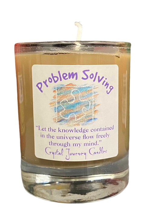 Problem Solving Crystal Journey Filled Glass Votives candle with rosemary, honey, and honeysuckle for clarity and inspiration.