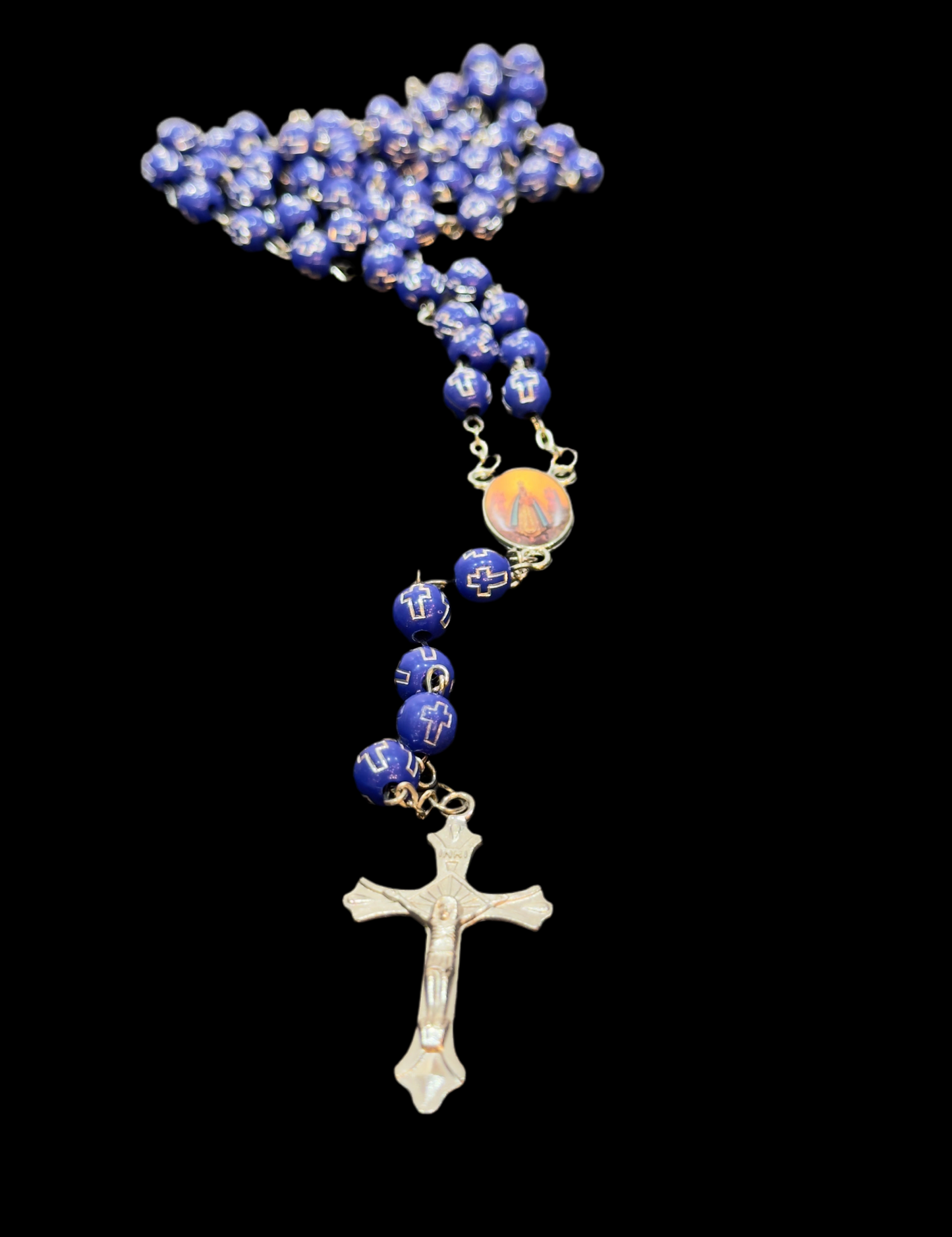 Vintage Silver Cross Christ Catholic Rosary in Cobalt Blue Beaded Engraved Cross