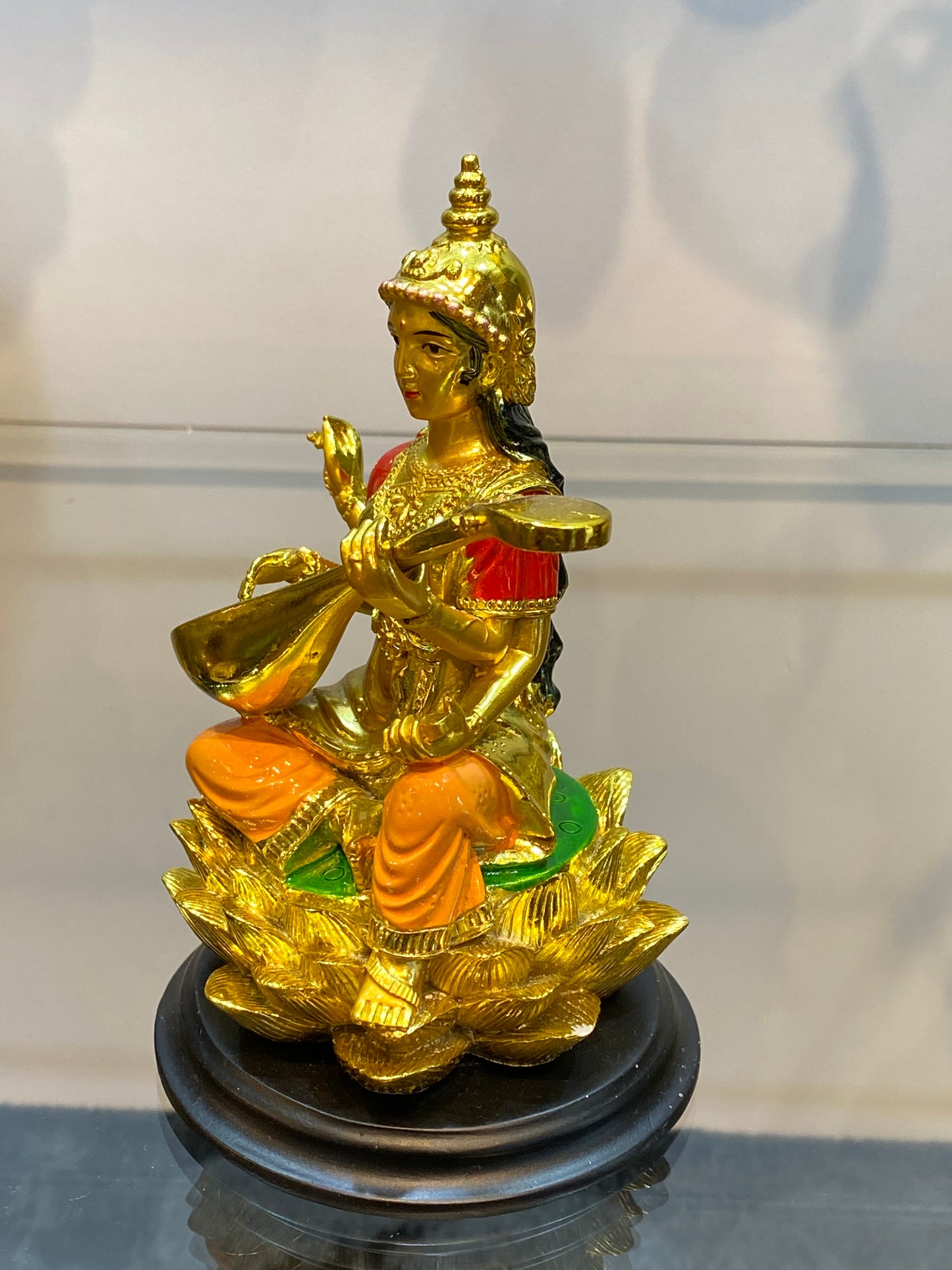 Feng Shui Gold Colored Saraswati on Lotus Small 3”Statue Hindu Goddess of Knowledge Deity Icon