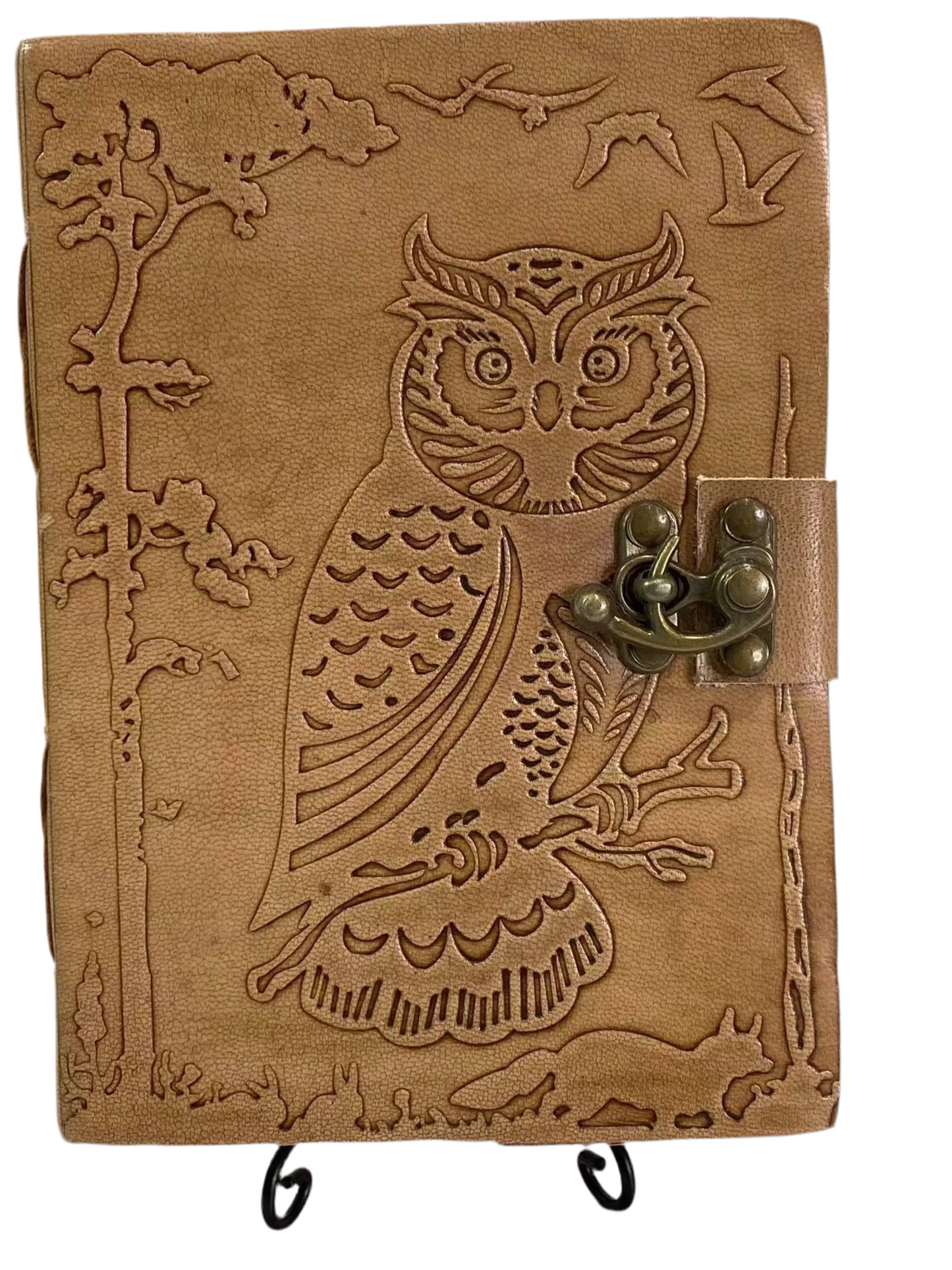 Owl in Jungle Leather Latch Paper Journal Book with embossed owl design and secure latch closure.