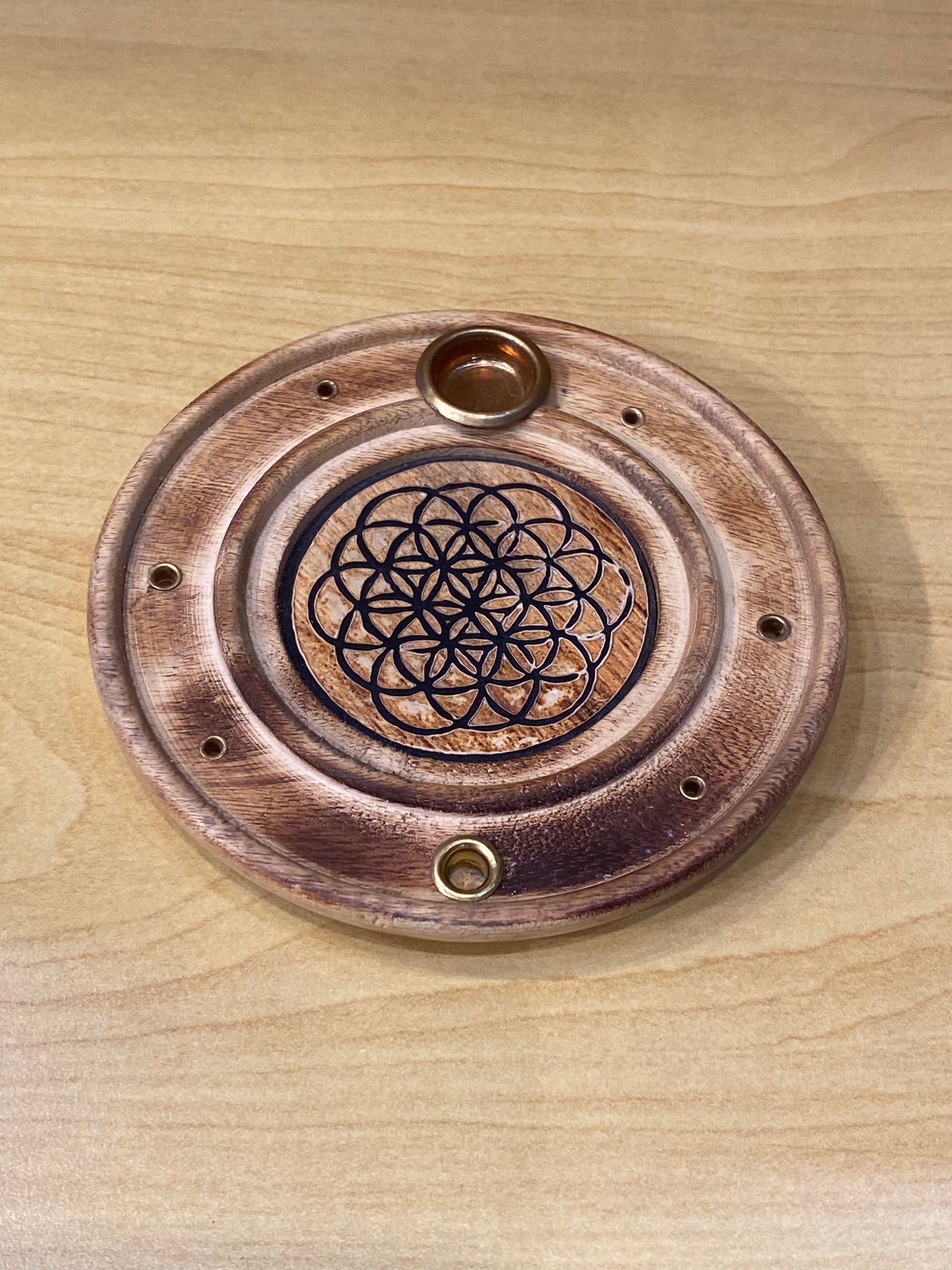 Wood Round Flower Of Life Incense Cone and Stick Burner