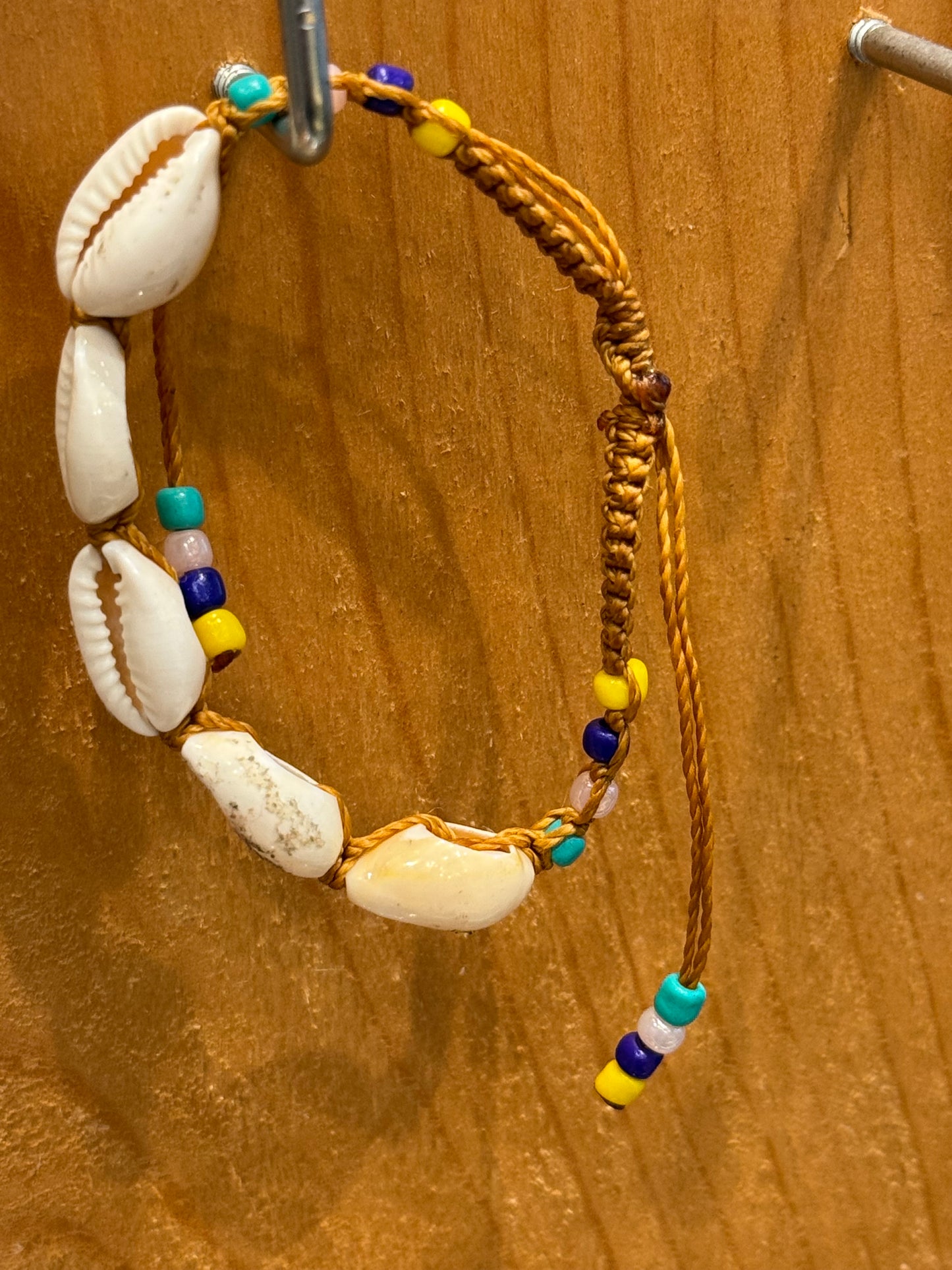 Handmade Tan String Bracelet With Cowrie Shells and Colorful Beads