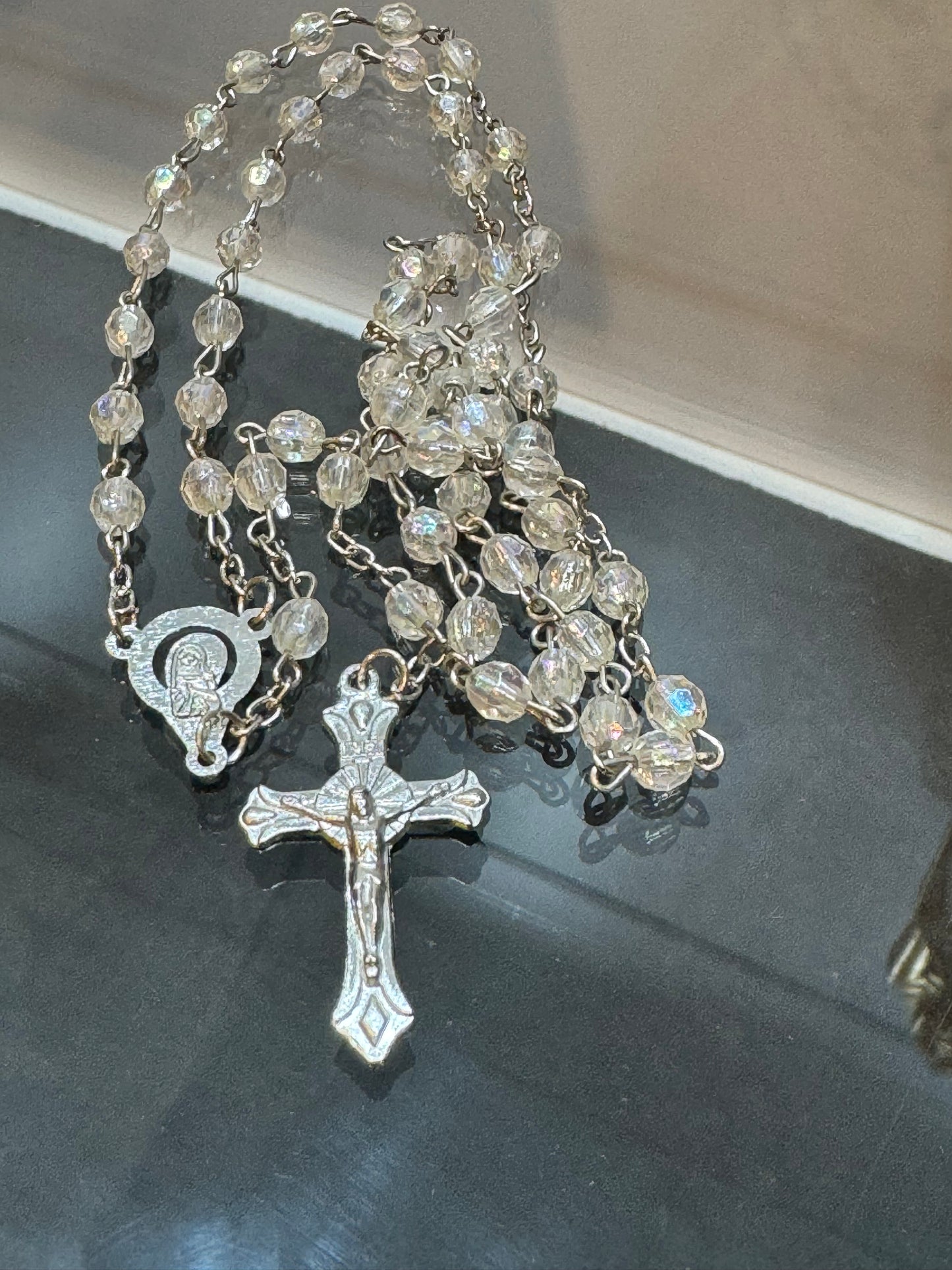 Mi Primero Communion Clear Glass Beaded Rosary Jesus Christ On Cross Silver Amulet