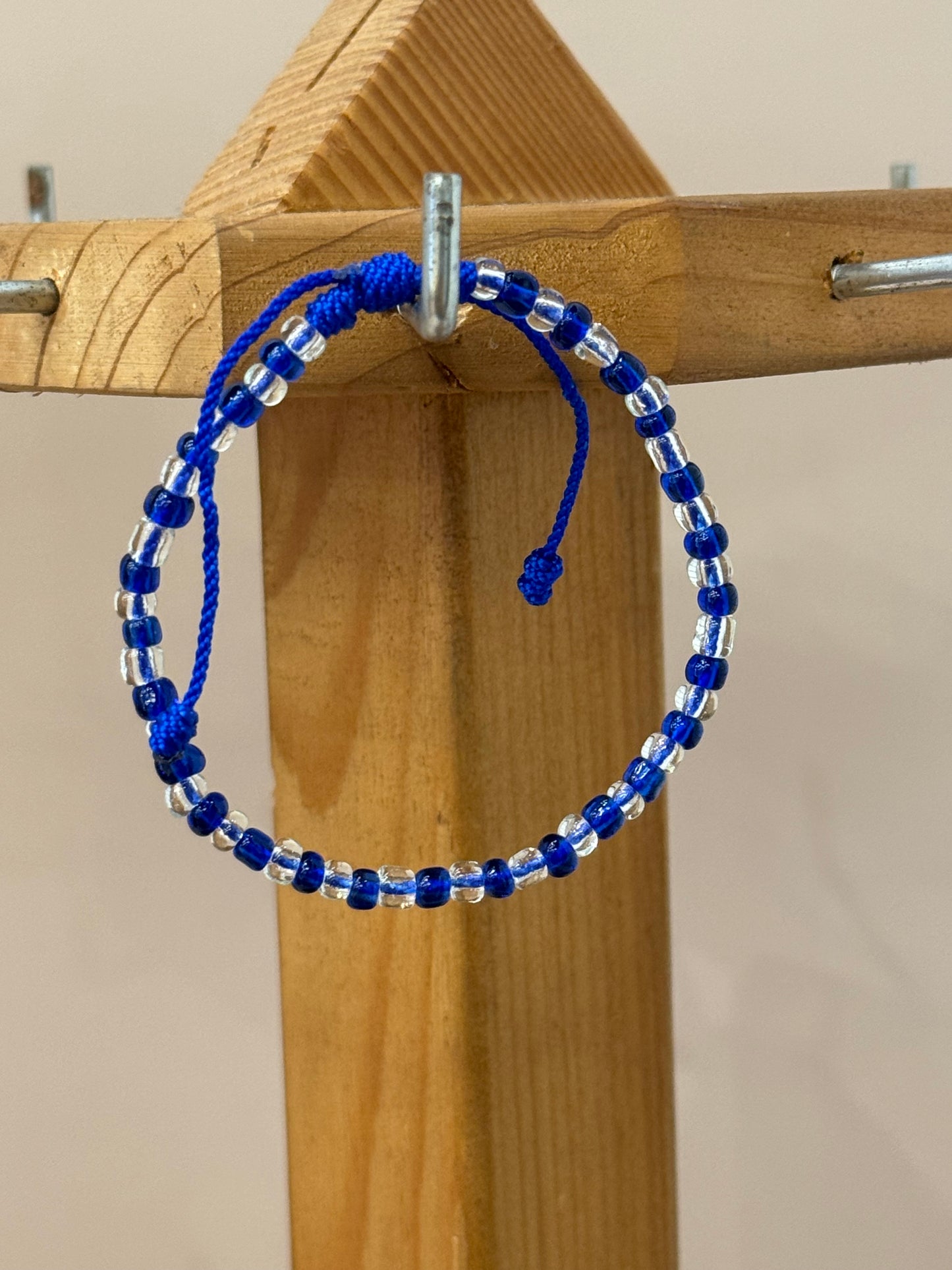Handmade Beaded String Blue and Clear Orisha Yemaya Blue Pull Tie Bracelet