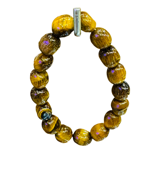 Natural Tigers Eye Nugget Polished Beaded Bracelet with 7mm golden-brown nuggets shimmering in light.