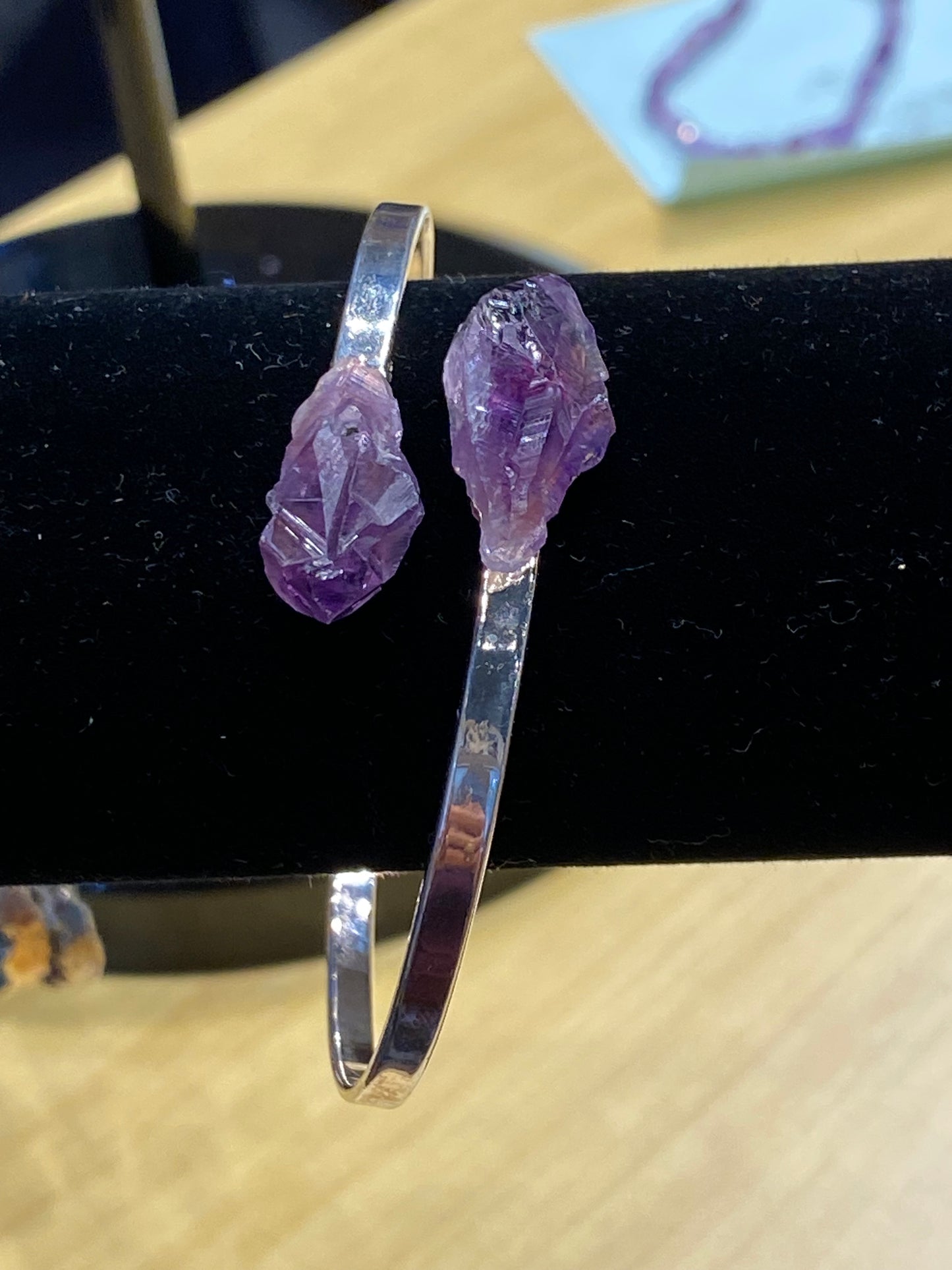 Silver Bracelet Cuff With Two Amethyst Points Crystals
