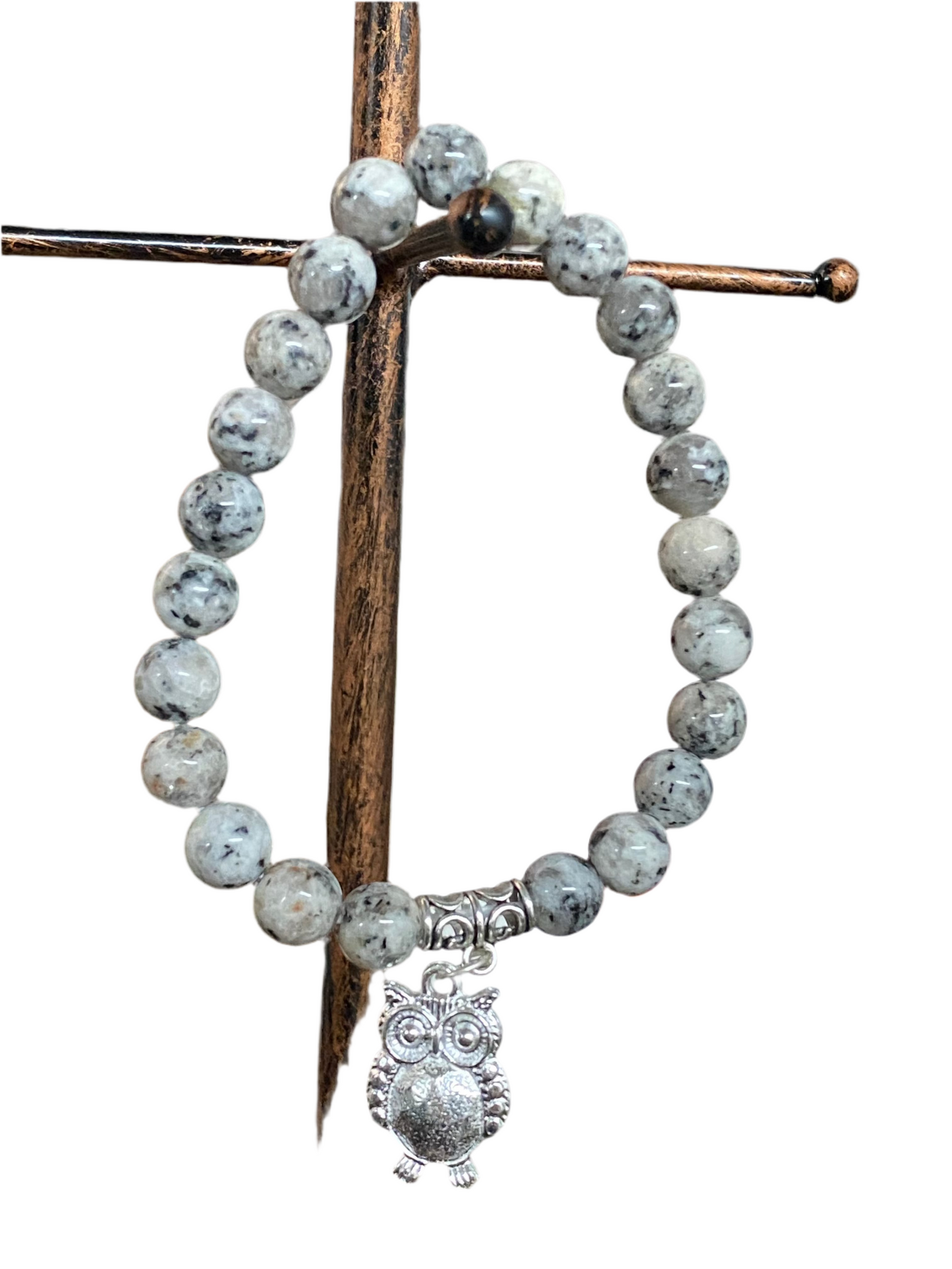 Black Sesame Gemstone Bracelet With Owl Charm