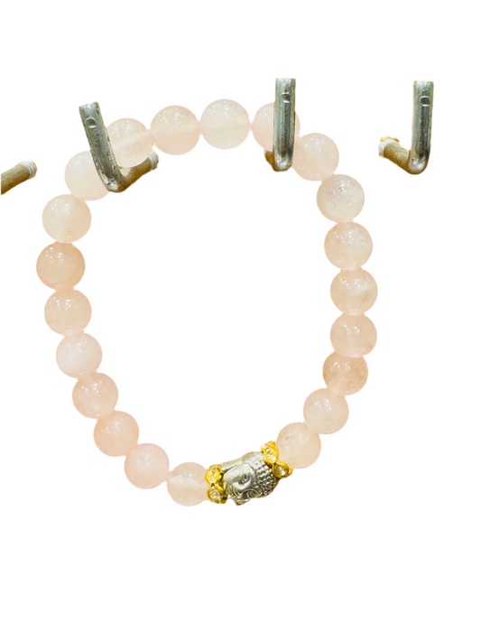 Rose Quartz Gemstone Bracelet with Buddha Charm, featuring pink quartz beads and a silver Buddha charm on hooks.