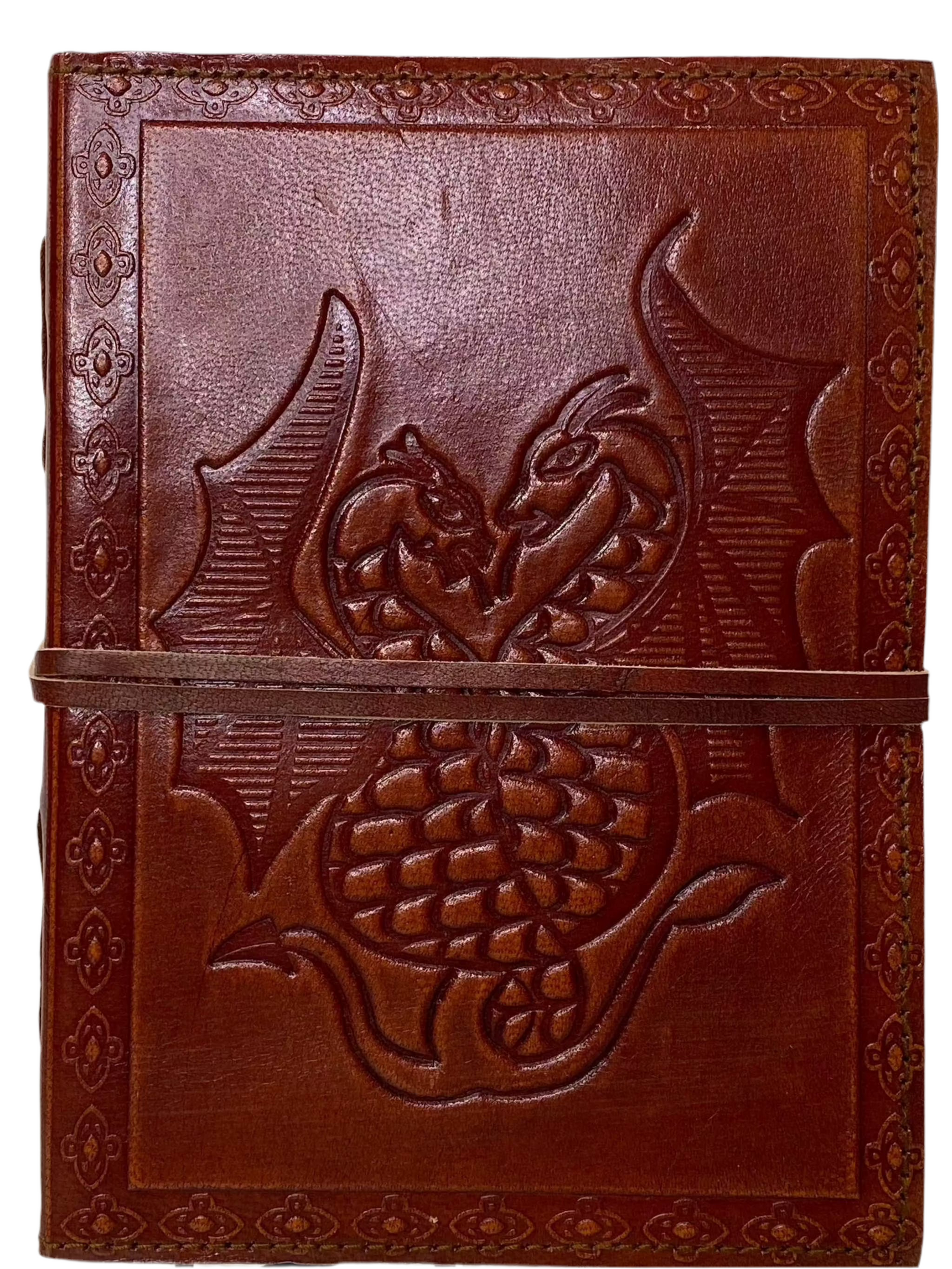 Handcrafted Dual Dragon Leather Paper Journal with twin dragon embossing.