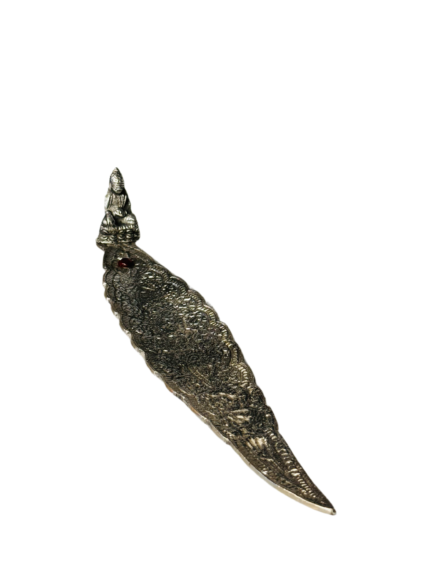 Thai Buddha Silver Aluminum Leaf Incense Stick Holder with Red Stone
