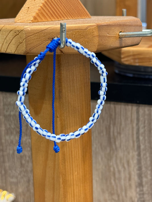 Handmade Pull Tie Nautical Blue and White Seed Beaded Bracelet