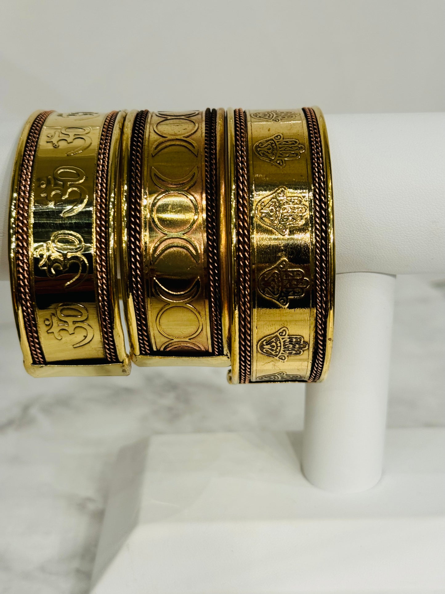 Gold Painted Copper and Brass Cuffs Set Of 3 Triple Moon, Om and Hamsa Bracelet