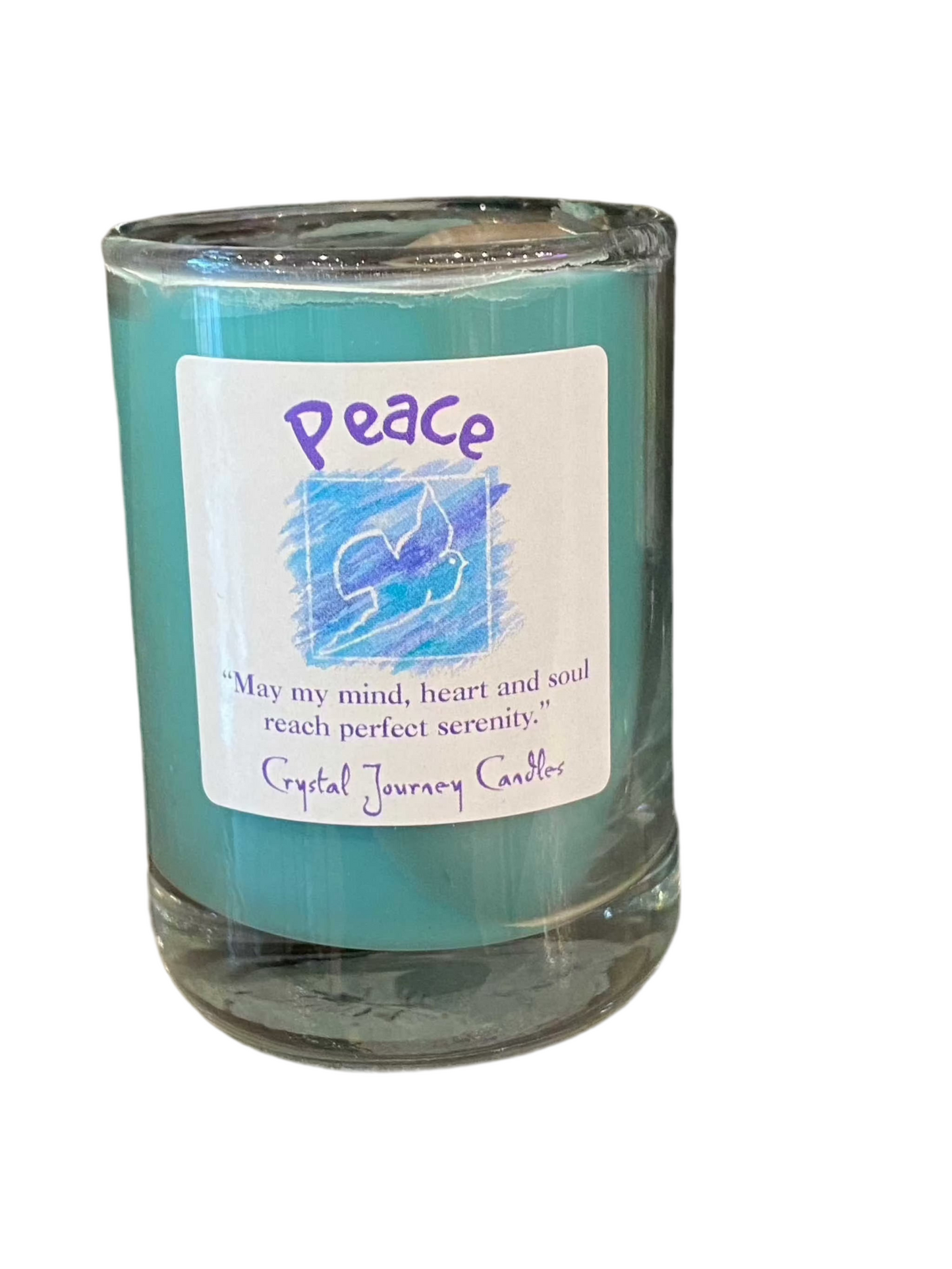Peace Crystal Journey Filled Glass Votives Candle promoting serenity with tranquil design.