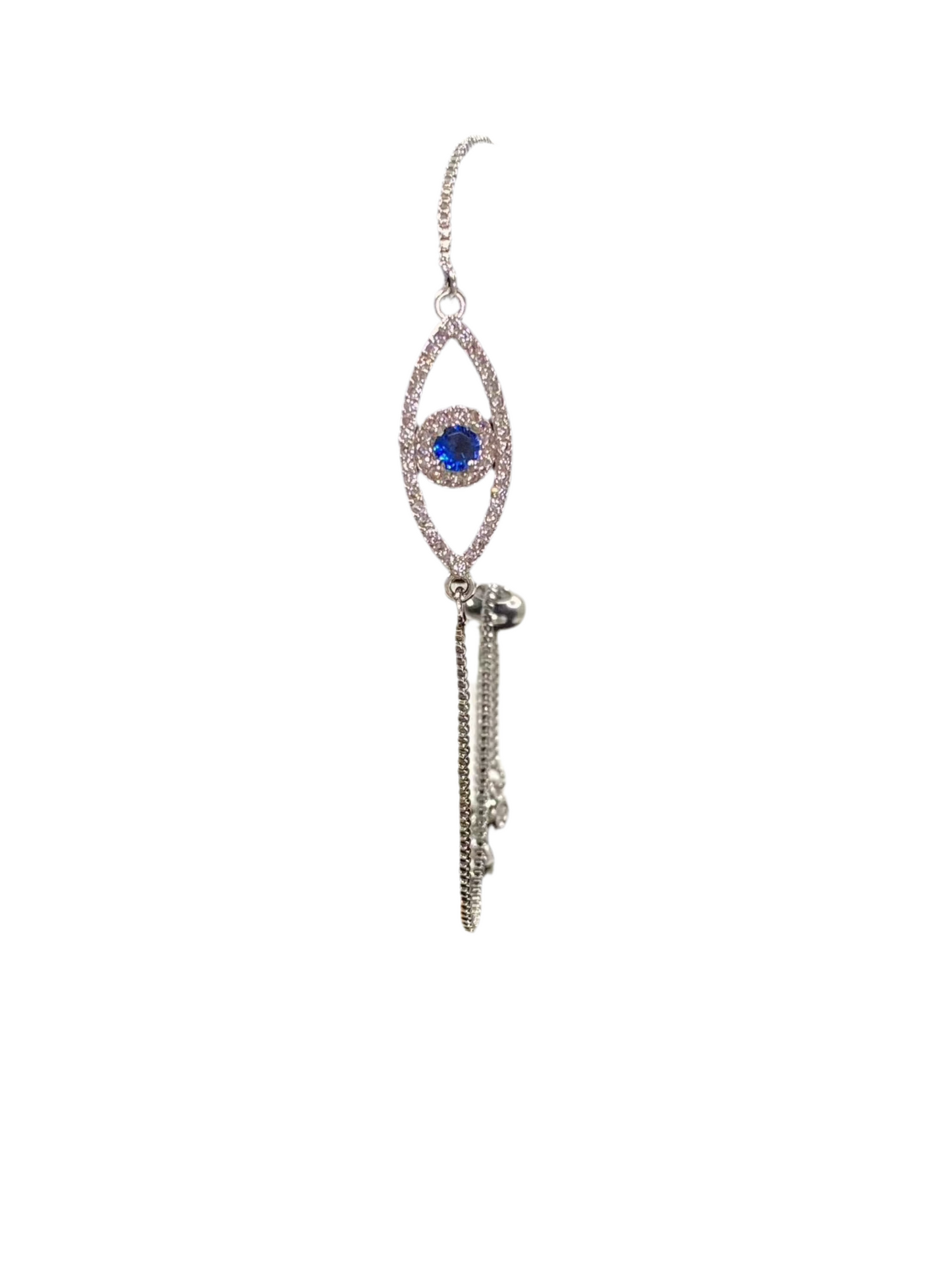 Silver Dainty Evil Eye bracelet with sapphire blue stone for protection and style.