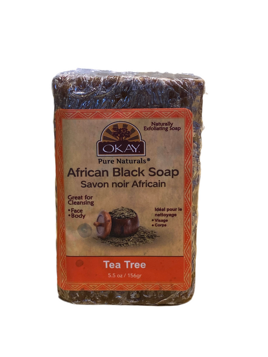 OKAY African Soap With Tea Tree cleansing bar in packaging, featuring natural ingredients for acne-prone skin.