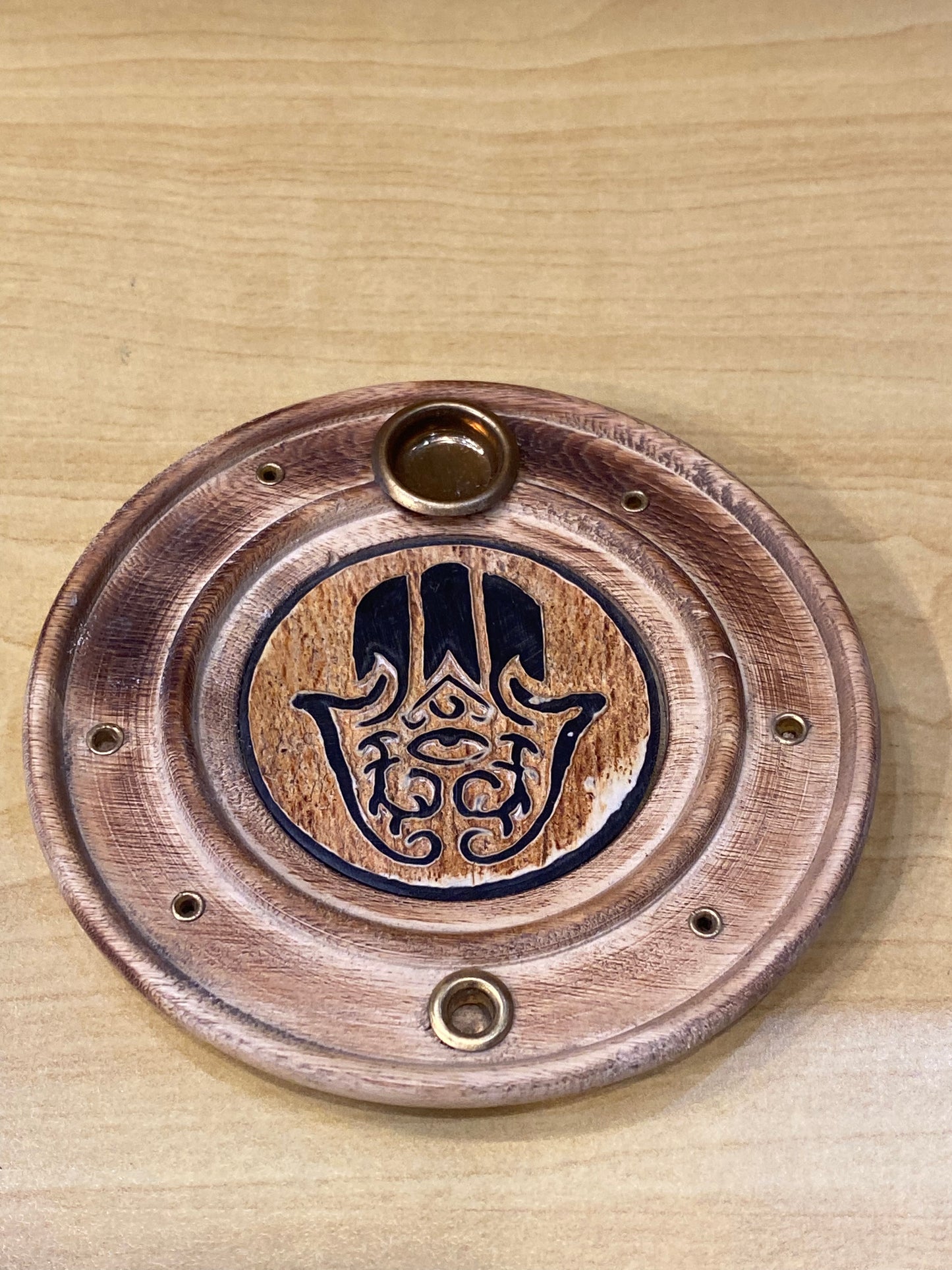 Wood Round Fatima Incense Cone and Stick Burner