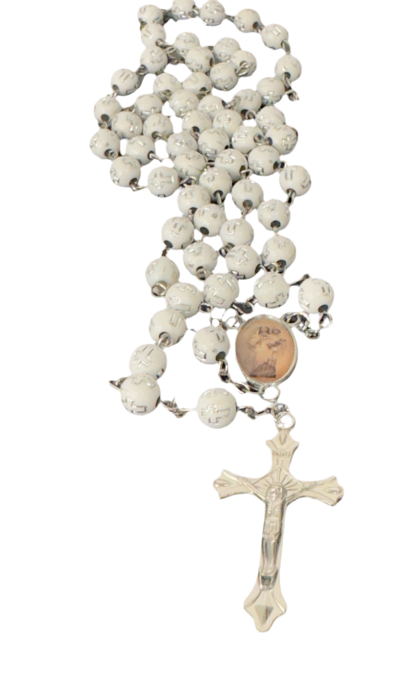 Vintage Silver Cross With Jesus Christ and White Round Beads Engraved Cross Rosary