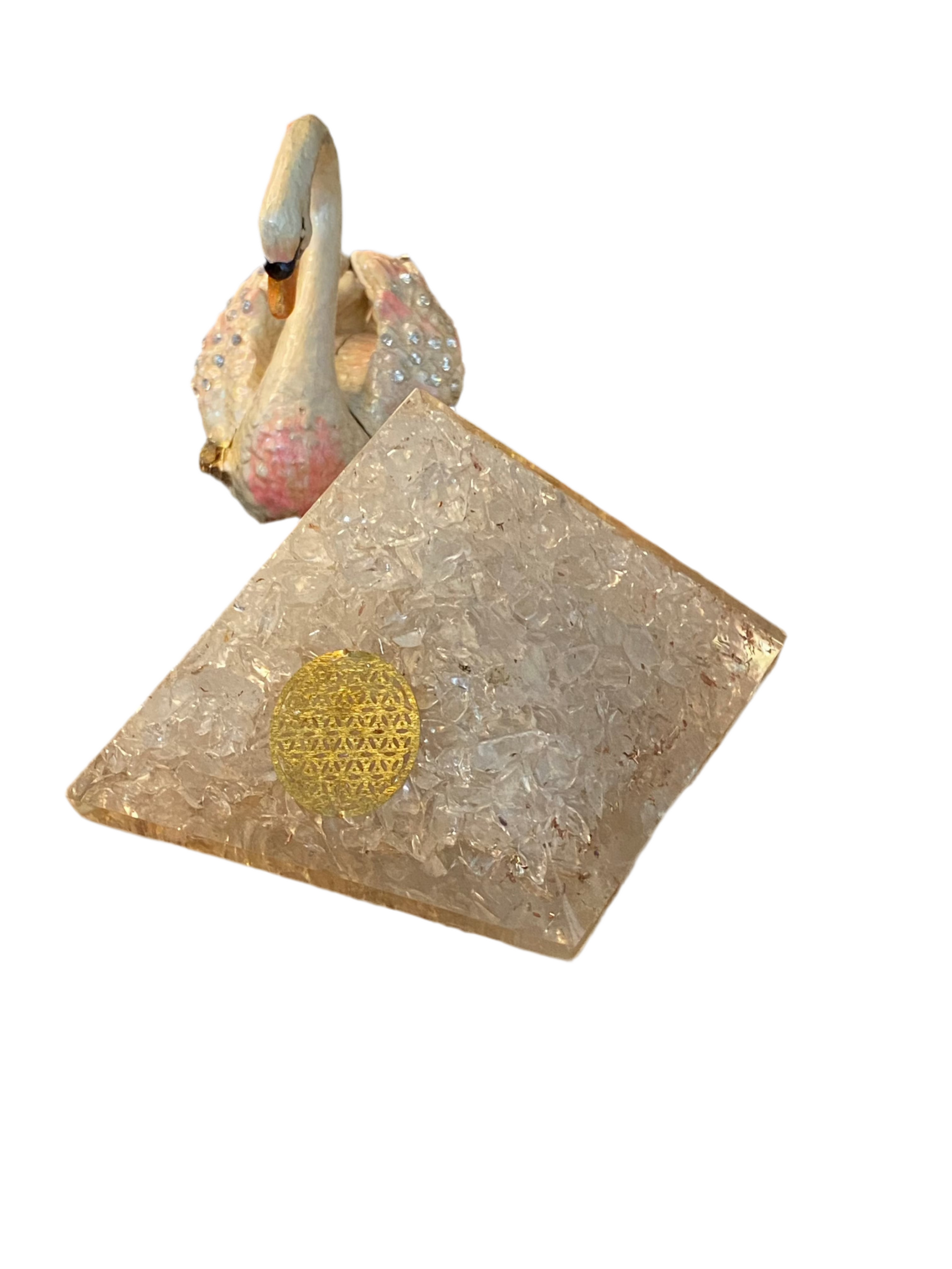Orgonite Pyramid with Clear Quartz and Gold Flower of Life symbol.