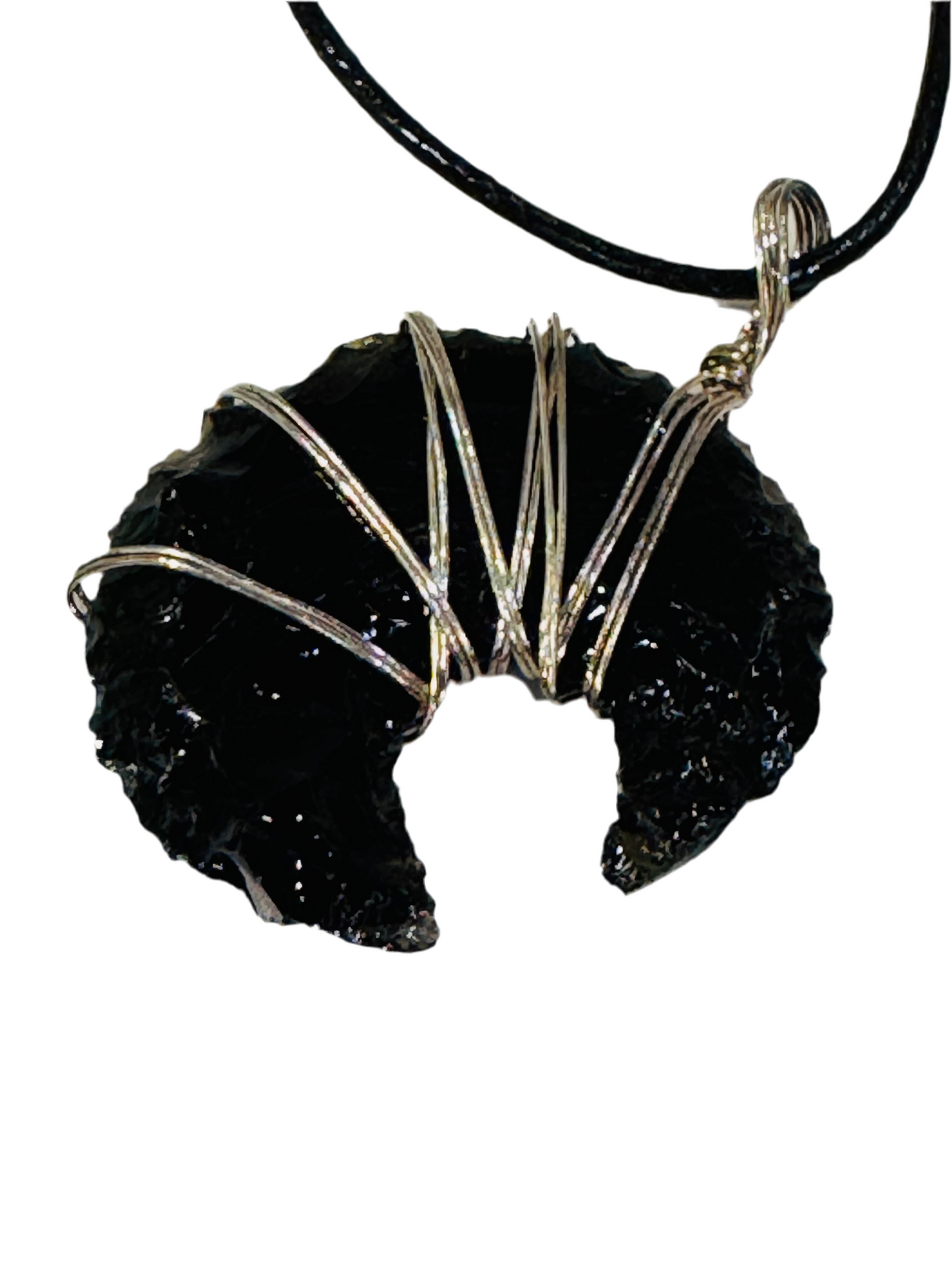 Black Obsidian Crescent Moon Pendant Hand Carved Wire Wrapped with Black Adjustable Cord Necklace