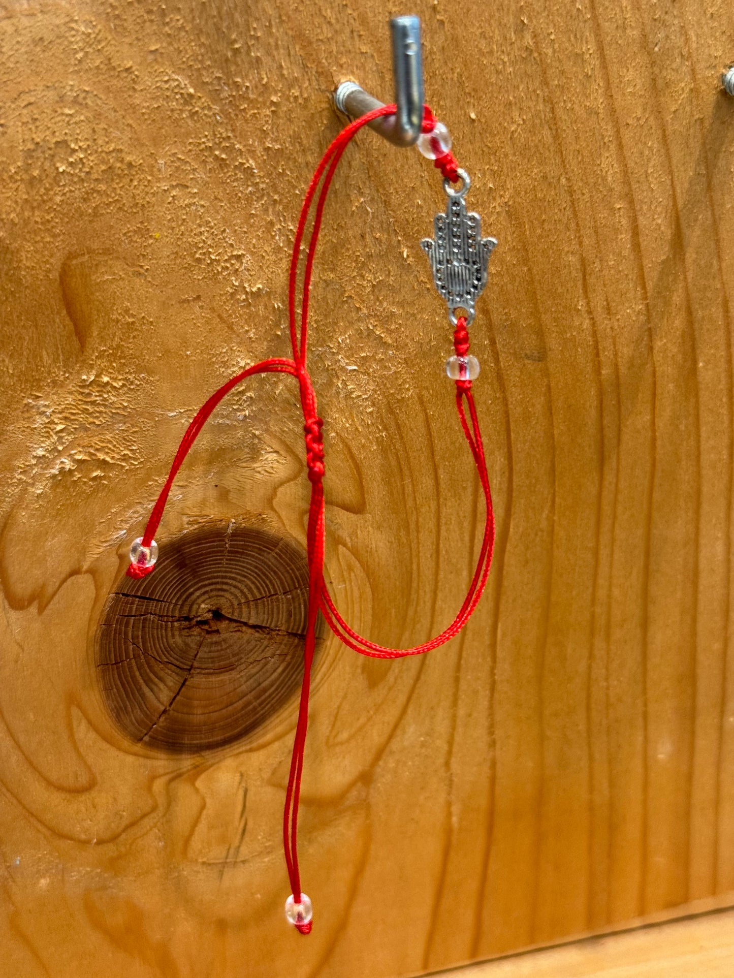 Red String Pull Tie Bracelet Hamsa Charm and Clear Beads