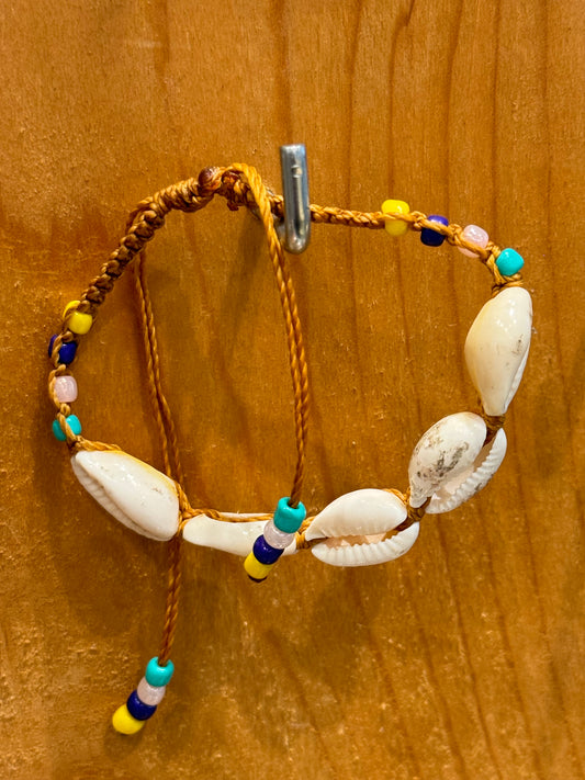 Handmade Tan String Bracelet With Cowrie Shells and Colorful Beads