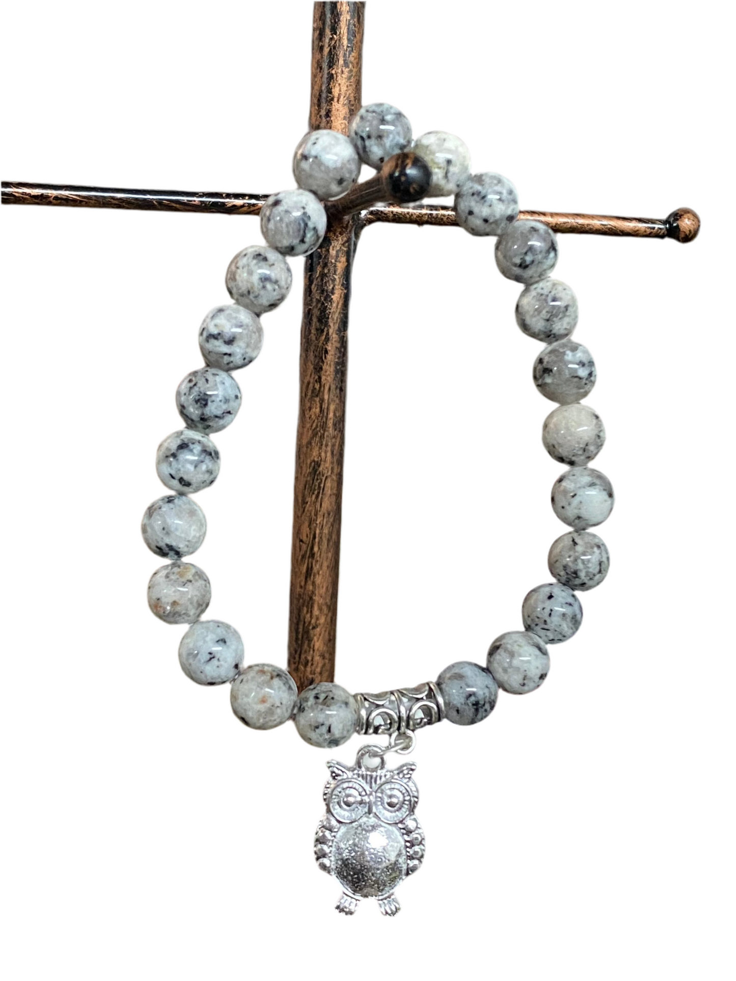 Black Sesame Gemstone Bracelet With Owl Charm