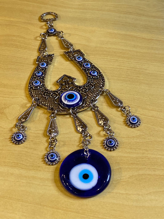 Metal Horseshoe Evil Eye with Large Evil Eye Amulet Hanging Wall Ornament
