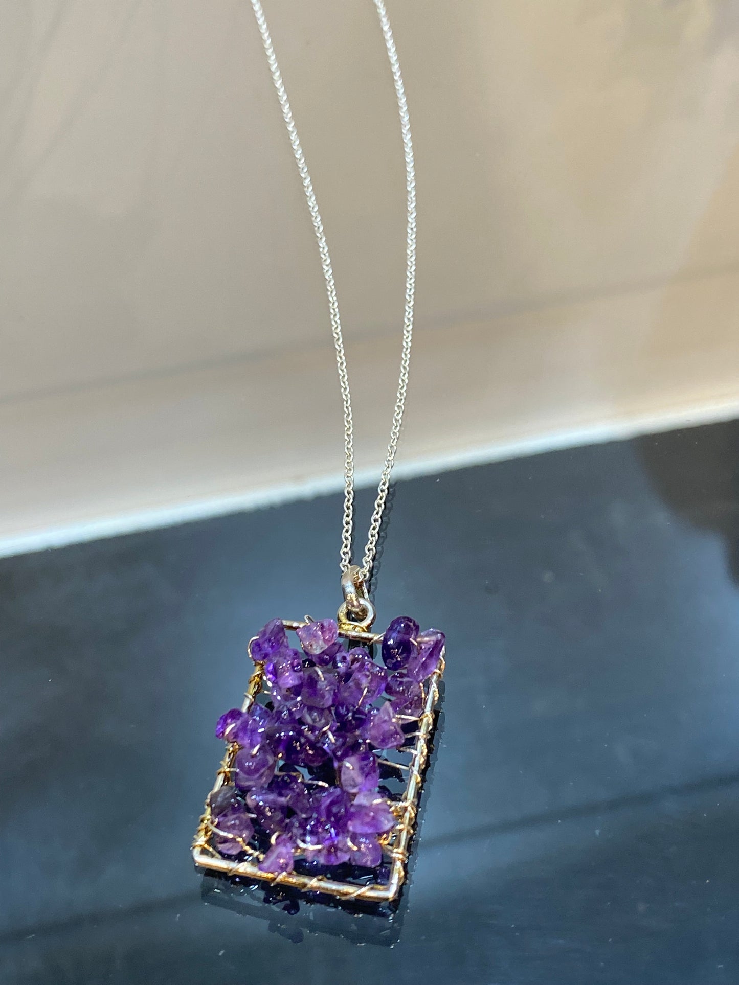 Wire Wrapped Amethyst Chips Silver Pendant with Silver Chain