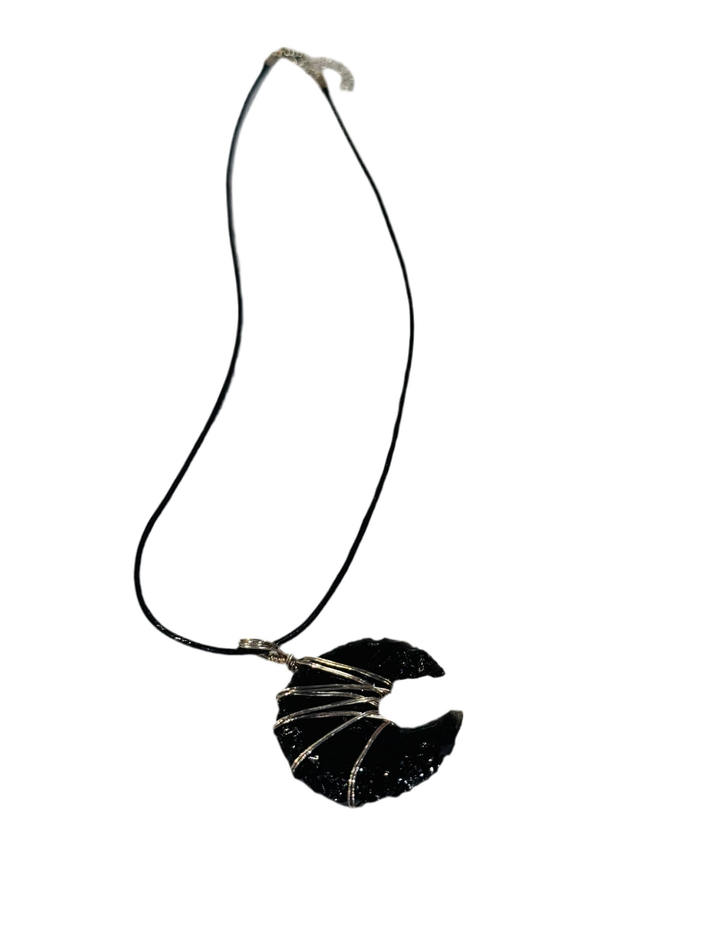 Black Obsidian Crescent Moon Pendant Hand Carved Wire Wrapped with Black Adjustable Cord Necklace
