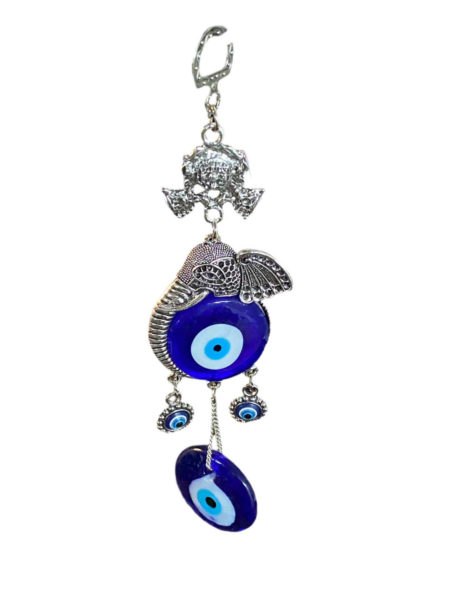 Elephant bust with two blue evil eye medallions for protection and decor.