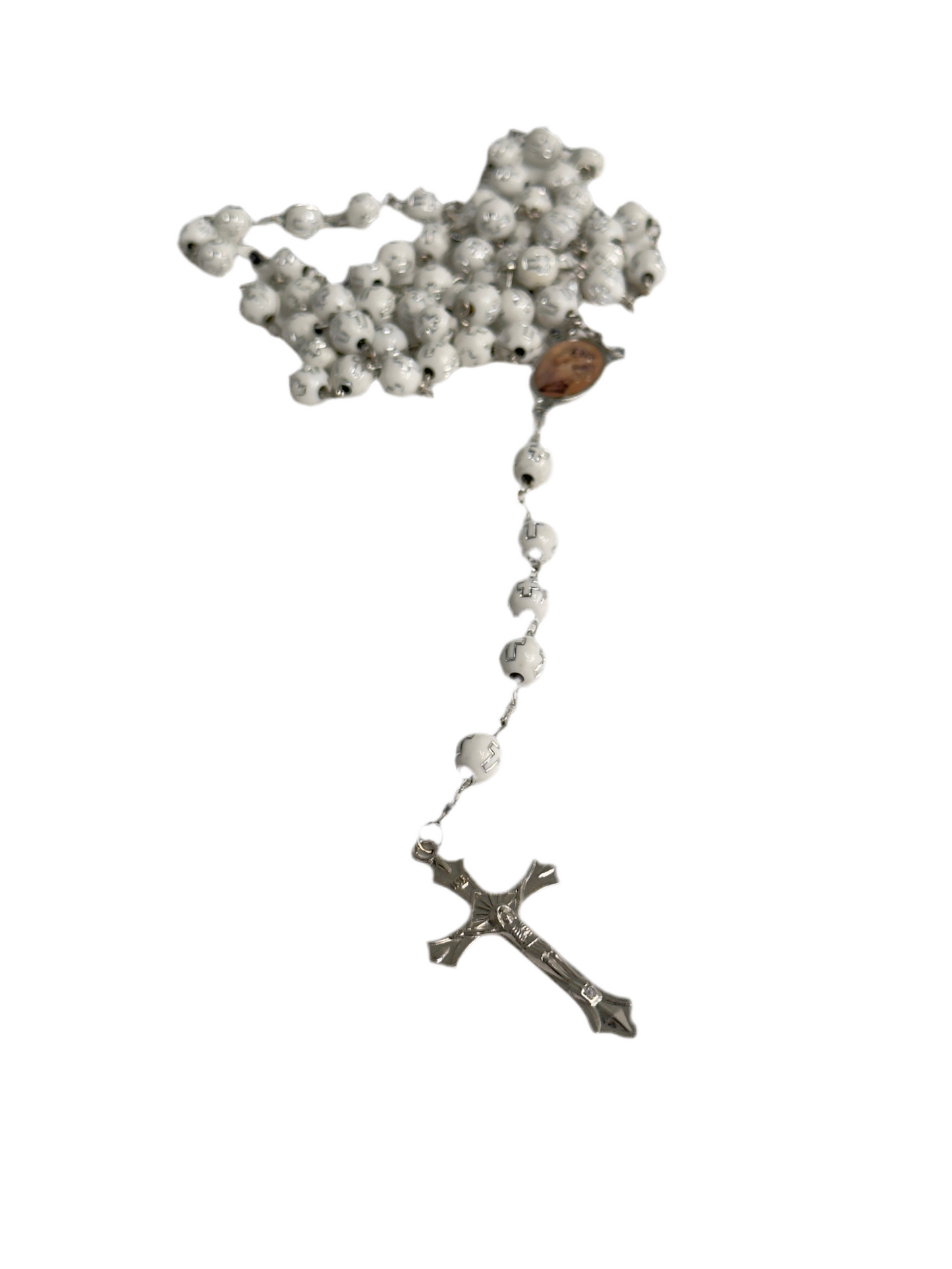 Vintage Silver Cross With Jesus Christ and White Round Beads Engraved Cross Rosary