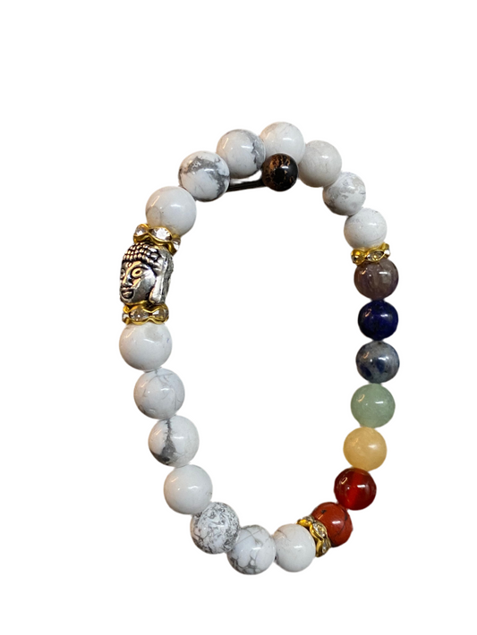 Howlite Chakra Gemstone Bracelet with Buddha Charm featuring natural howlite stones and chakra beads for spiritual balance.
