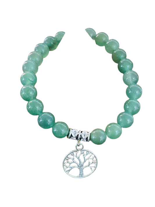 Green Aventurine Gemstone Bracelet with Tree of Life Charm for luck and positive energy.