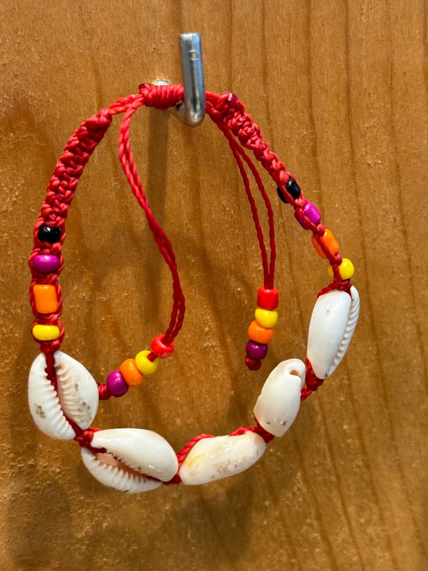 Handmade Deep Red String Bracelet With Cowrie Shells and Beads