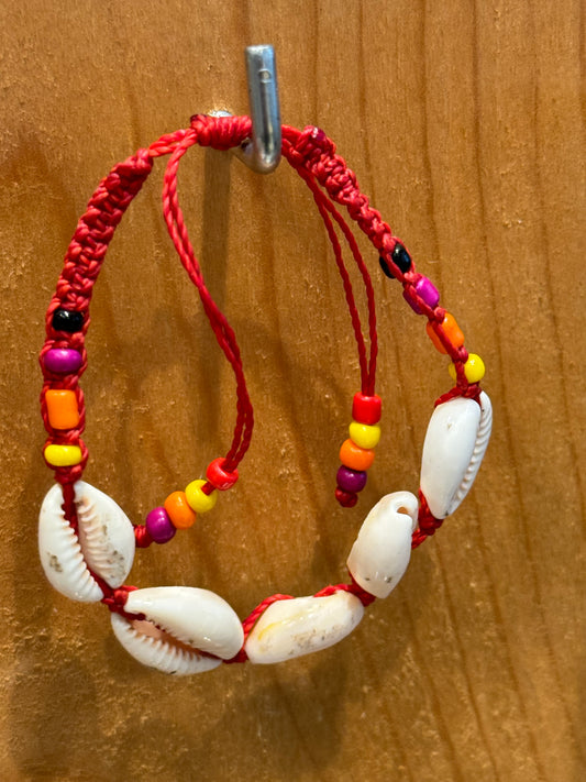 Handmade Deep Red String Bracelet With Cowrie Shells and Beads