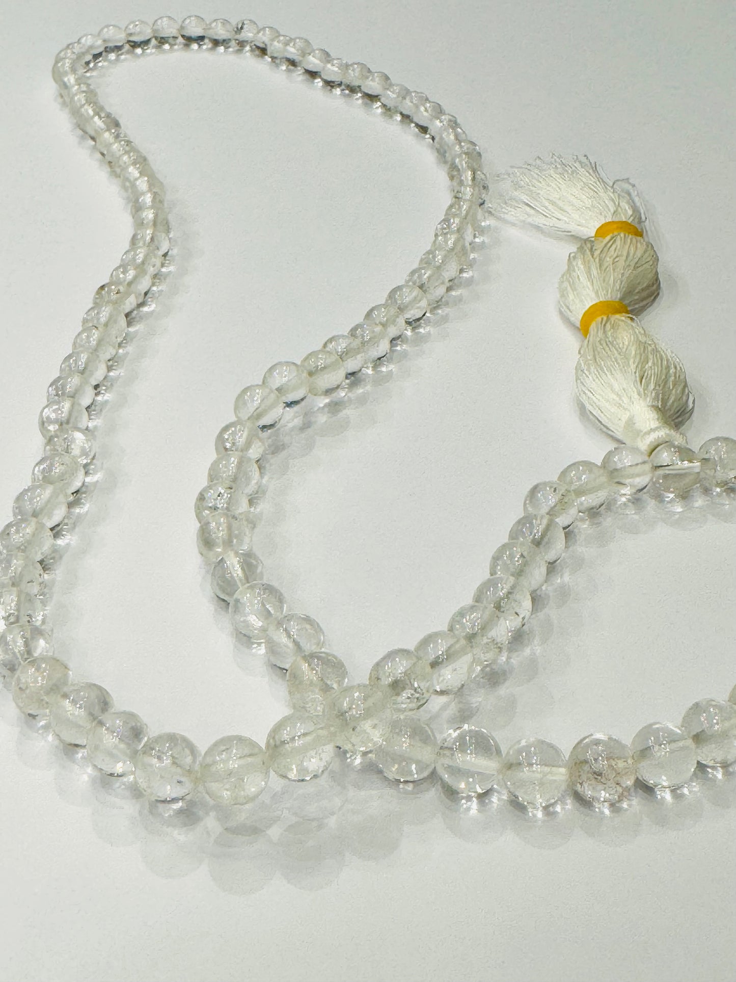 Japamala Genuine Prayer Mala Beads Clear Crystal Quartz with White Tassel