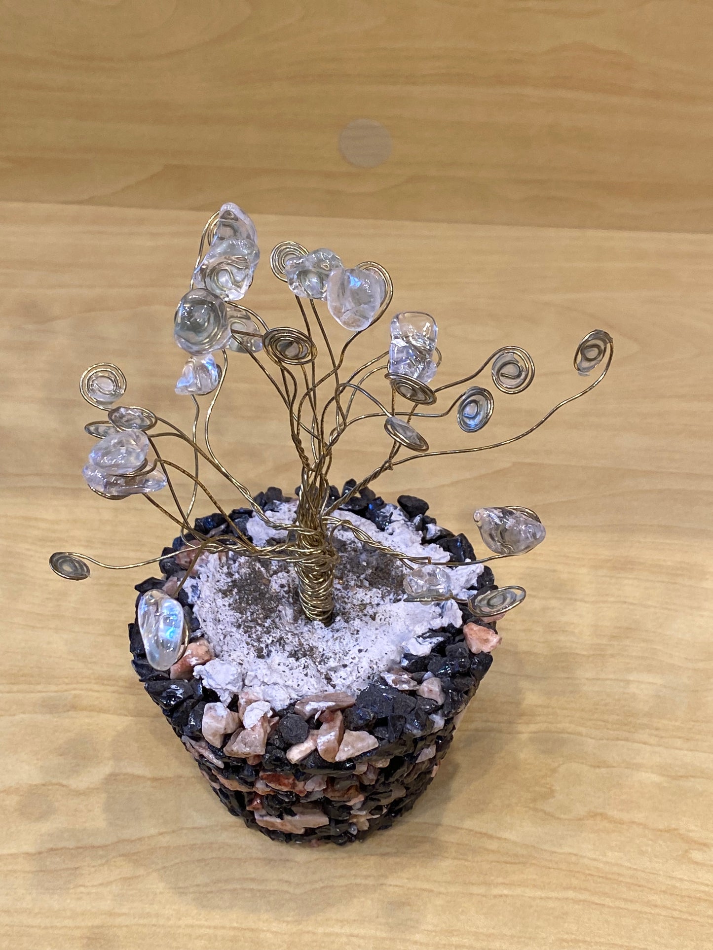 Crystal Clear Quartz Wire Coil Tree on Pebbles Rock Base