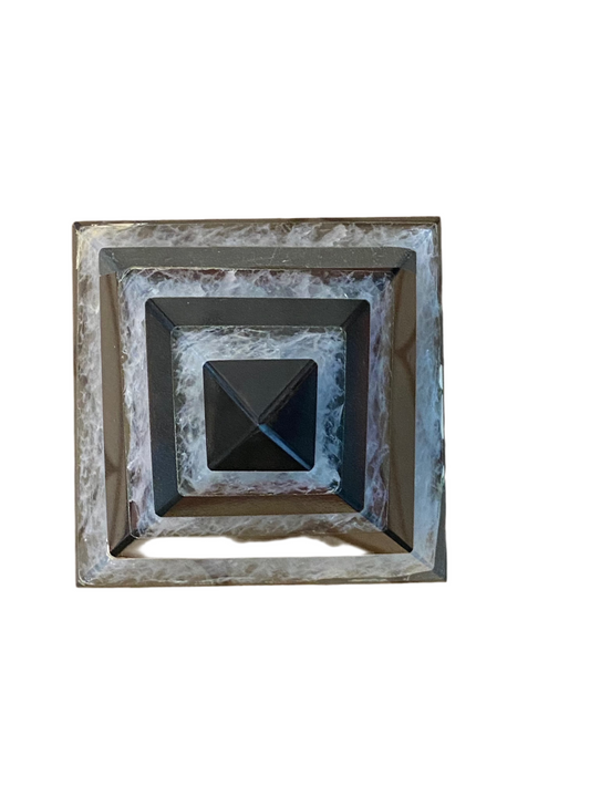 Black White Stone Slice Agate Pyramid for balance and harmony, meditation decor piece.